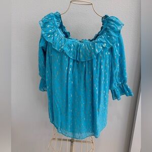 Lilly Pulitzer CeeCee on OR off the Shoulder Turquoise Metallic top Size Large